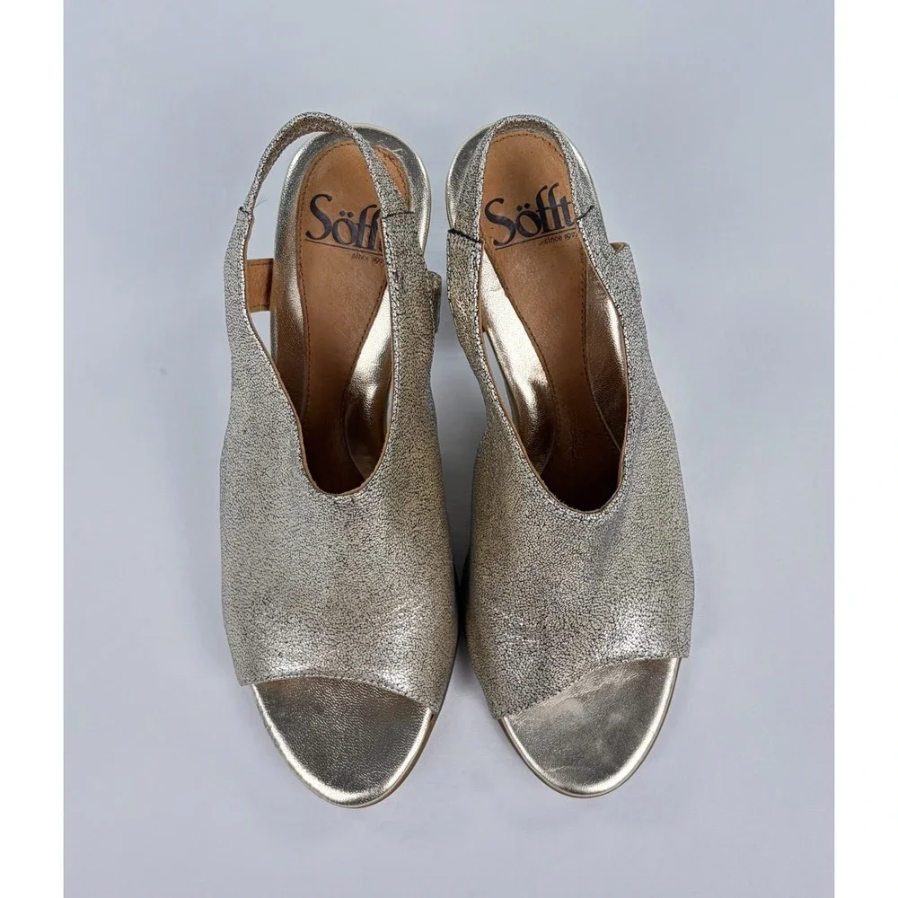 Sofft Womens 7.5 M Gold Metallic Crackle Leather Peep Toe Slingback Heels Shoes